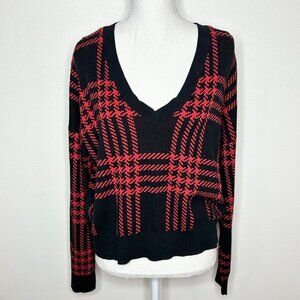 Bar III Red Black Plaid Cropped Cardigan Sweater Women's Size XXL Preppy